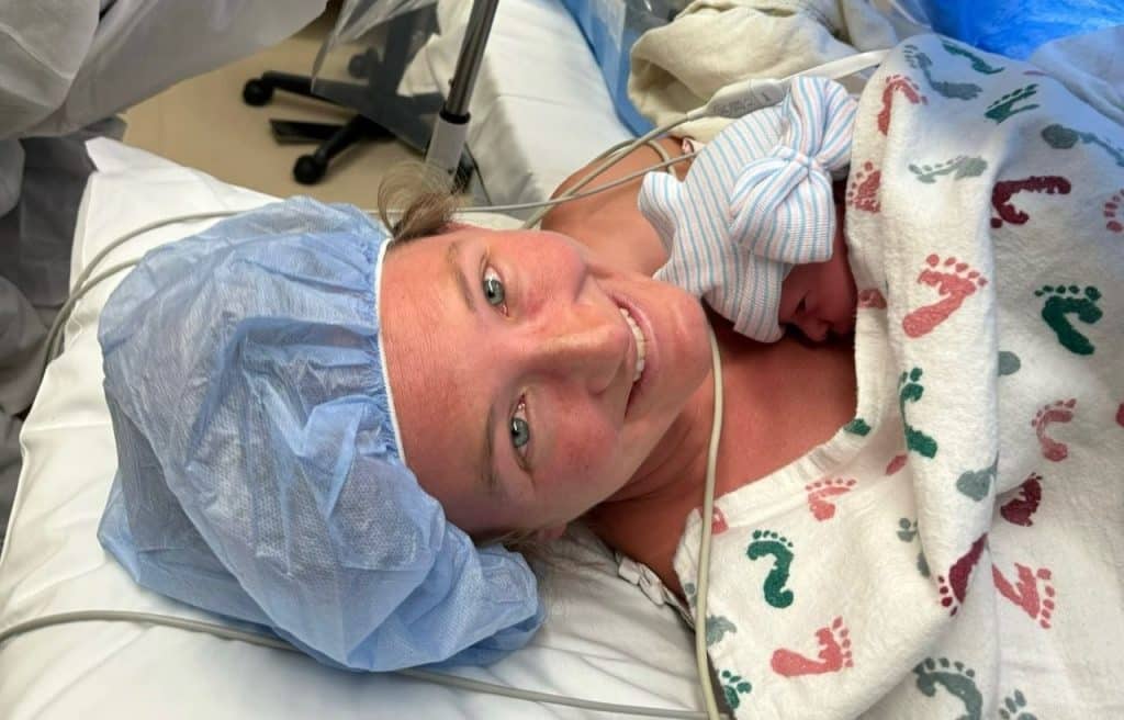 Hypnobabies Student Holding newborn just after C-Section